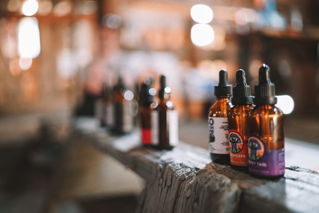 Homemade mushroom tincture bottles