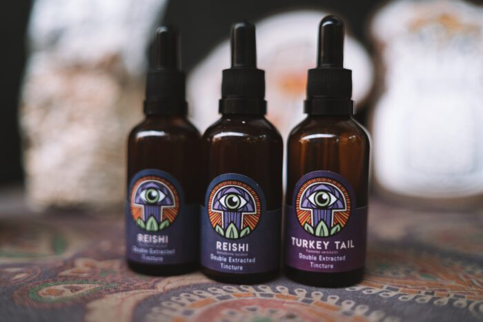Bottles of homemade double-extracted mushroom tincture